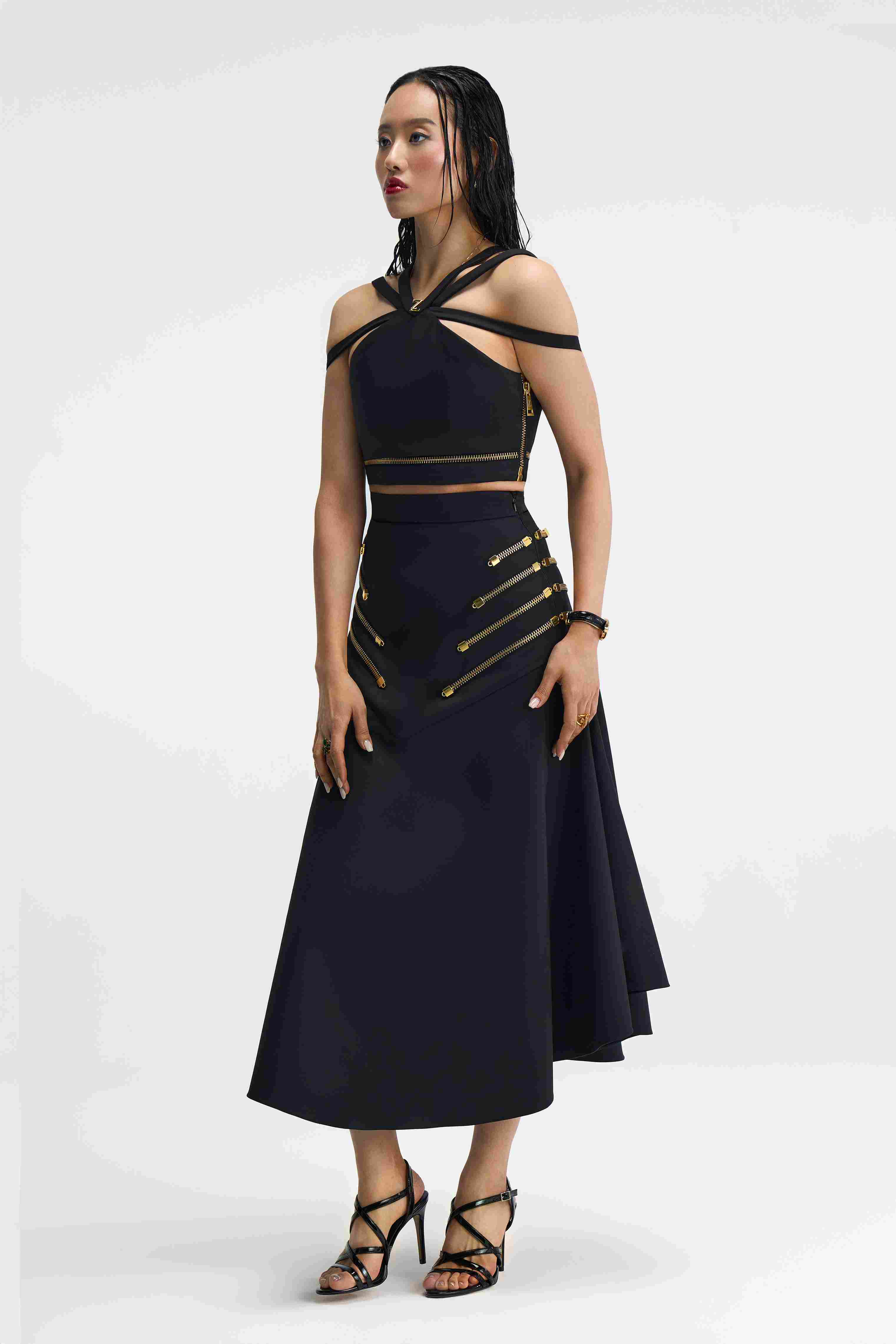 Eclipsera Set Black Crisscross Top & Midi Skirt Full-Length Look